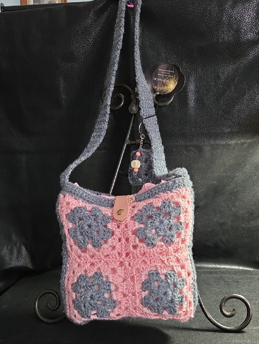 Handcrafted Pink & Gray Crochet Crossbody Bag